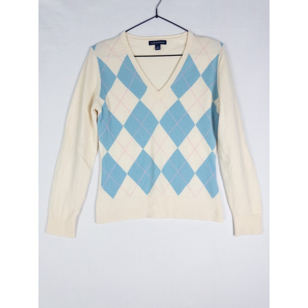 Lands End 100% Cashmere Sweater Womens XS V Neck‎ Argyle